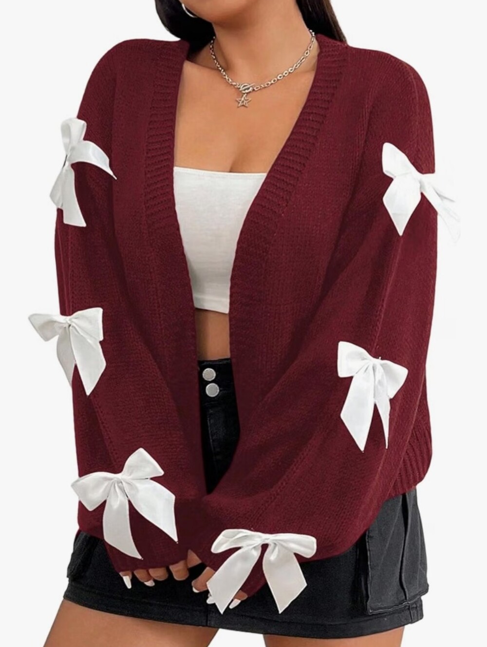 Womens Ribbon Accent Burgundy Open Cardigan Sweater
